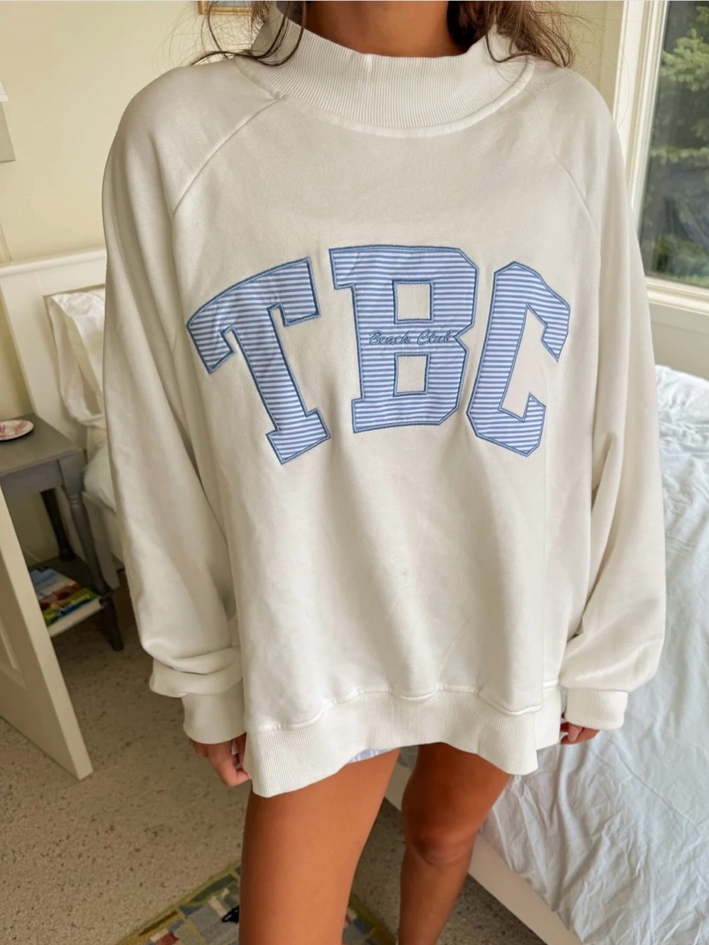 The Beach Club White TBC Mockneck Varsity Embroidered Patchwork Sweatshirt